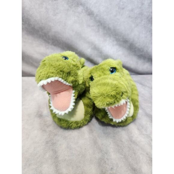 Build a Bear Dinosaur Slippers Child Size M 12/13 Furry Slip On Green T-rex EUC - Picture 2 of 7